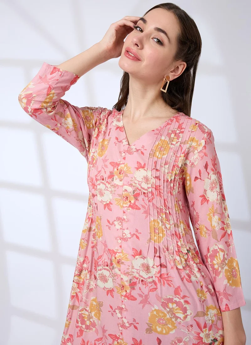 globus Pink Globus Women V-Neck Floral Print Pleated Front Slit A-Line Workwear Kurta for Women | Best Price UAE